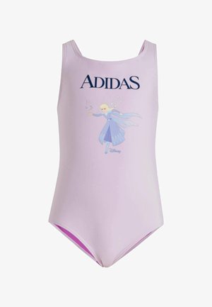 Bañador de una pieza en color lila con un gráfico de Elsa y el logo de "ADIDAS" en azul marino. Tela suave, tirantes tipo tank y borde con forro rosa.