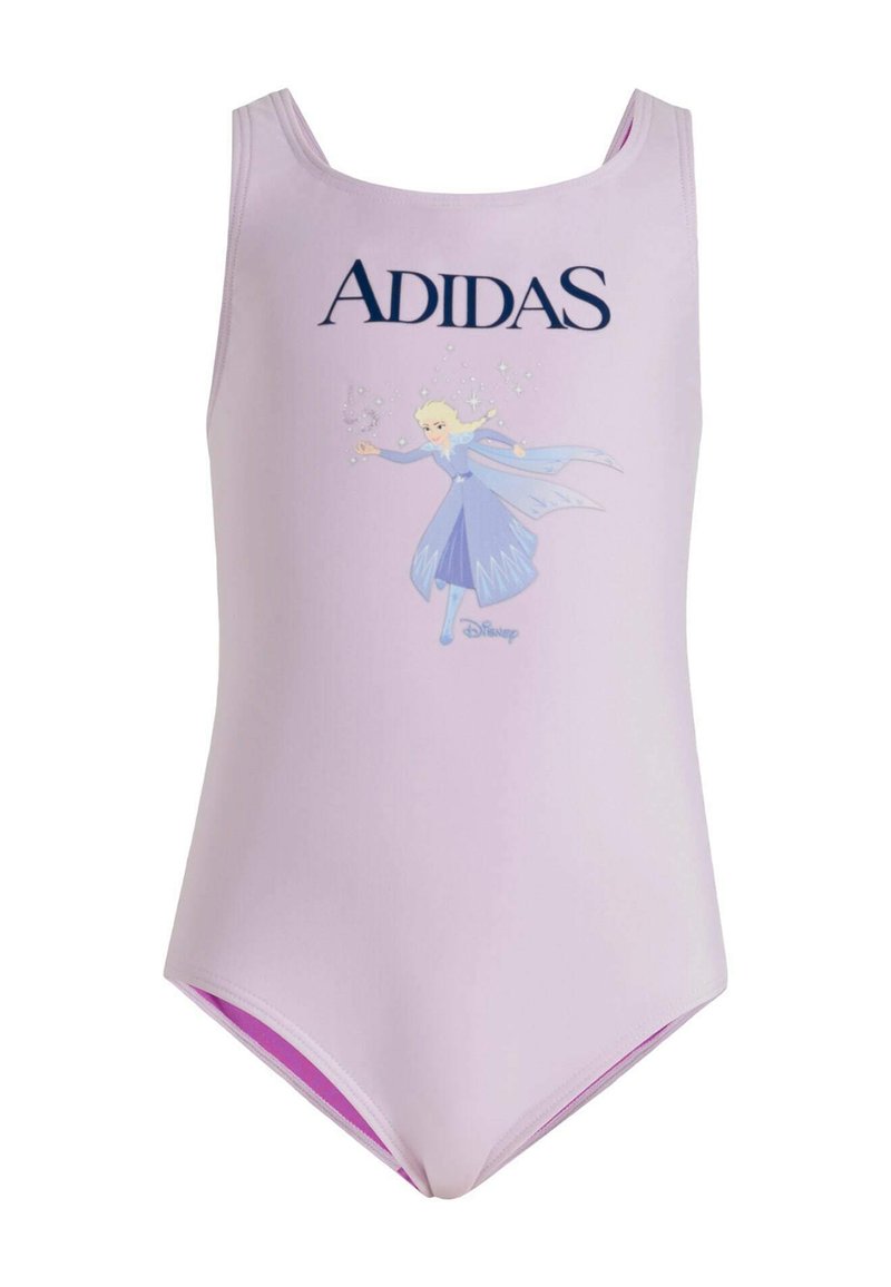 Fialový jednodielny plavky s grafikou Elsy a logom "ADIDAS" v námorníckej modrej. Hladká tkanina, ramienka tank a ružové lemovanie na okrajoch.
