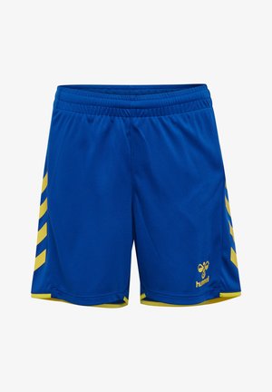 Niebieskie spodenki sportowe z żółtymi pasiastymi wzorami w kształcie strzały po bokach, żółtym obramowaniem, elastycznym paskiem w talii oraz małym żółtym logo Hummel z przodu po prawej stronie.