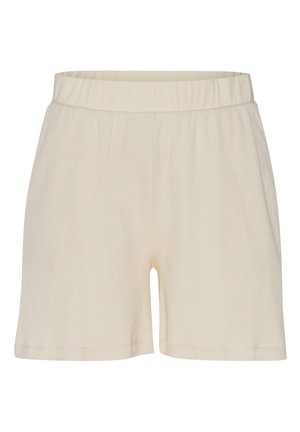 Pantaloni corti color crema con vita elastica, di lunghezza corta e superficie liscia. Design semplice, senza motivi o dettagli aggiuntivi.