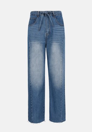 Μπλε ξεβαμμένο τζιν με ίσια γραμμή, ελαστική μέση με κορδόνι και φινίρισμα με ακατέργαστο τελείωμα.