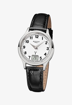 Montre-bracelet analogique avec cadran blanc, chiffres noirs, boîtier argenté, bracelet en cuir noir, et affichage numérique de la date indiquant "28".