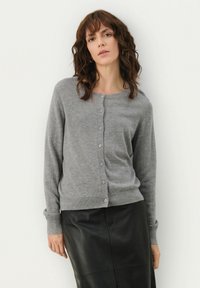 Gray knit cardigan with long sleeves, round neckline, and front button closure. Features ribbed cuffs and hem, smooth texture, and simple design.