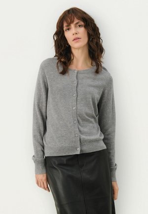 Gray knit cardigan with long sleeves, round neckline, and front button closure. Features ribbed cuffs and hem, smooth texture, and simple design.