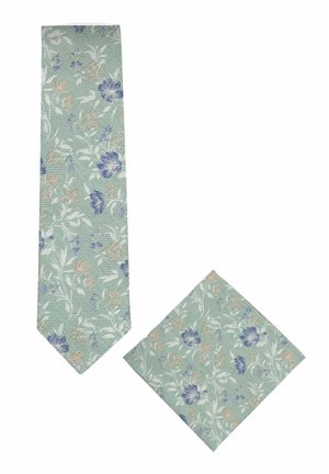 Hellgrünes Krawatten- und Einstecktuchset mit blauen, beigen und weißen Blumenmustern auf strukturiertem Stoff.