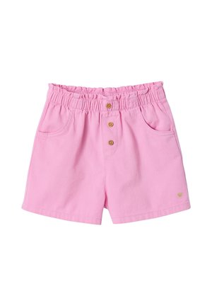 Rosa Baumwollshorts mit elastischem Bund, drei vorderen Holzknöpfen und Seitentaschen, versehen mit einem kleinen goldenen Emblem am Saum.