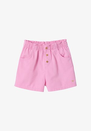 Rosa Baumwollshorts mit elastischem Bund, drei vorderen Holzknöpfen und Seitentaschen, versehen mit einem kleinen goldenen Emblem am Saum.