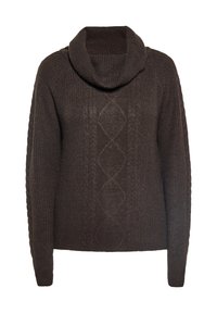Pulover tricotat de culoare maro închis, cu guler cowl, având un model texturat de răsuciri și un model de tricotare în cablu cu diamante pe mijloc. Mâneci lungi.