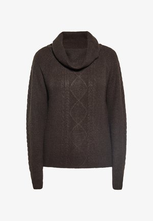 Donkerbruin gebreid sweater met een kraag, met getextureerde ribbels en een diamant kabelbreipatroon in het midden. Lange mouwen.