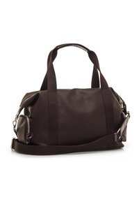 Dunkelviolette Lederhandtasche mit strukturiertem Oberflächendesign, zwei kurzen Traggriffen, verstellbarem Schulterriemen und seitlichem Reißverschlusstaschen-Detail.