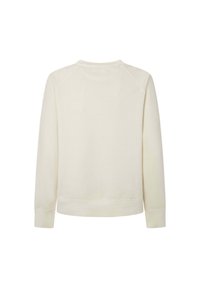 Sudadera color crema con cuello redondo, mangas largas y puños acanalados. Textura suave con un diseño sencillo y casual. Sin patrones visibles.