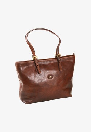 Borsa a tote in pelle marrone, dalla forma strutturata, con base piatta, manici corti e hardware in tonalità oro. Presenta un piccolo logo impreziosito in rilievo sulla parte anteriore.