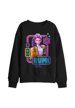 Black sweatshirt with a colorful neon-style graphic of a female character with purple hair and the text "RUMI" and "K-POP DEMON HUNTERS" on the front.