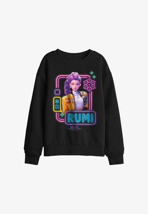 Black sweatshirt with a colorful neon-style graphic of a female character with purple hair and the text "RUMI" and "K-POP DEMON HUNTERS" on the front.