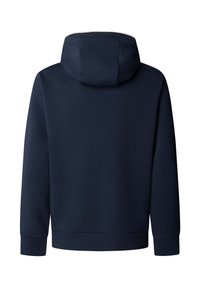 Tmavomodrá mikina s dlhými rukávmi, kapucňou a rebrovanými manžetami, zobrazená zozadu na bielom pozadí.