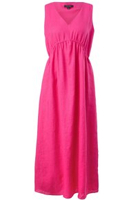Robe rose vif sans manches avec col en V et taille froncée, longueur au genou, en tissu léger.