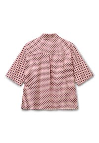 Chemise à manches courtes avec col, ornée d'un motif à pois répété en rouge et violet sur fond beige. Tissu doux.