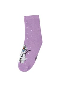 Lila Socken mit einem Cartoon-Schneemann-Charakter, der schwarze Knöpfe und eine orange Karottennase hat, verziert mit weißen Punkten.