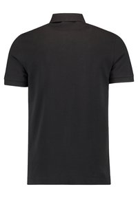 Černé polo tričko s krátkým rukávem zobrazené ze zadní strany, s klasickým límečkem a rovním zakončením.
