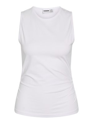 Bijeli uski top bez rukava s okruglim izrezom i laganim naborima sa strane, izrađen od glatkog materijala.