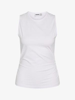 Hvid ærmeløs tætsiddende top med rund halsudskæring og let gathering i siden, lavet af glat stof.