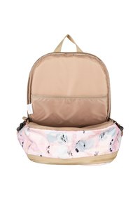Roze stoffen rugzak met dierenpatronen, beige afwerking en ritsen, voorzien van een ruime binnencompartiment met een zachte voering en een zak.