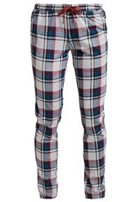 Kariertes Schlafanzug-Hose mit grauem Grundton, verziert mit roten, blauen und schwarzen Karomustern; elastischer Bund mit einem roten Kordelzug.