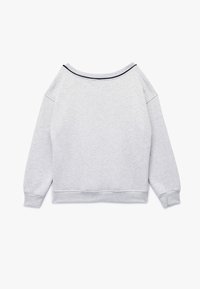 Vaaleanharmaa huppari, jossa on leveä venepääntie, pitkät hihat ja ribbausta hihansuissa. Pääntiessä on tummansininen yksityiskohta. Pehmeä materiaali.