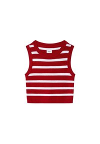Top corto senza maniche a righe rosse e bianche, realizzato in tessuto a maglia a coste. Presenta un collo rotondo e un design aderente.