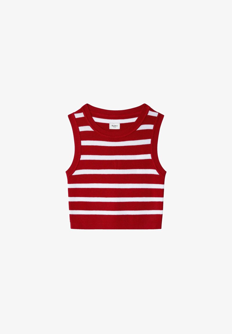 Rot-weißer gestreifter ärmelloser Crop-Top, aus Rippstrickstoff. Mit Rundhalsausschnitt und figurbetontem Design.