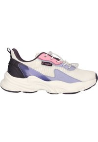 Sneaker mit einem Obermaterial aus Mesh in Weiß, mit Akzenten in Pink und Lila. Dicke weiße Sohle mit strukturiertem Muster. Schwarzes Fersen-Detail.