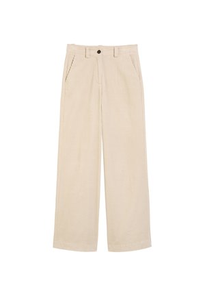 Beige wijde corduroy broek met voorzakken, riemlussen en een knoopsluiting bij de taille.