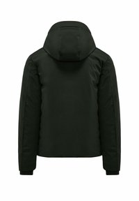 Giacca nera imbottita con cappuccio removibile, maniche lunghe e polsini a coste. Tessuto liscio, design minimalista e senza hardware visibile.