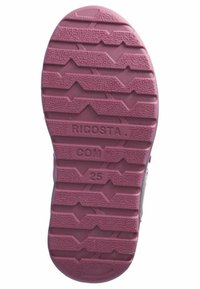 Suela de zapato de goma morada con patrón en zigzag texturizado, que presenta información de la marca y el modelo: "RICOSTA", "COM" y "25."