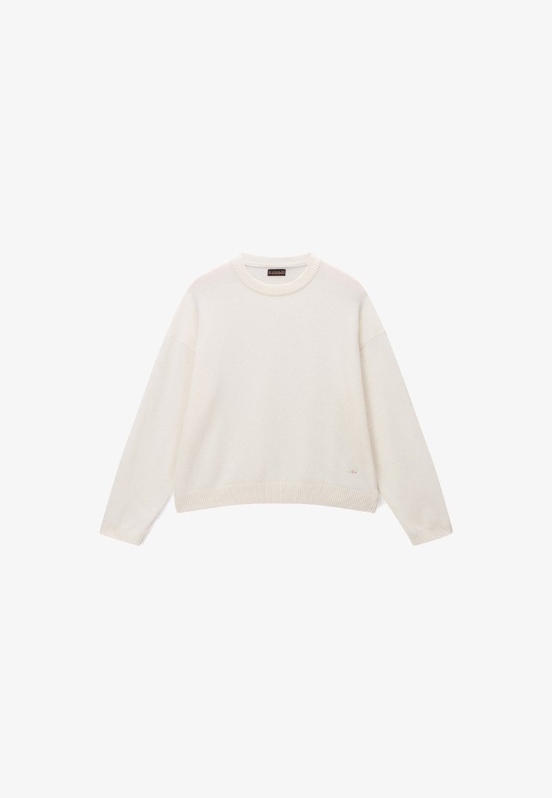 Jersey de manga larga en color crema con cuello redondo, con puños y bajo acanalados, de corte ligeramente oversize, tendido sobre un fondo blanco.