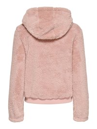 Sumea vaaleanpunainen huppari, jossa pehmeä ja teksturoitu pinta. Varustettu hupulla ja resorilla helmassa. Malli on rento ja vähän lyhennetty.