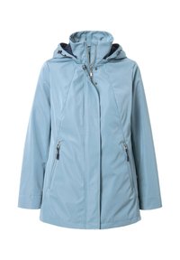 Ljusblå vattentät jacka med huva, har fickor fram med dragkedja, hög krage och en slät, texturerad yta.