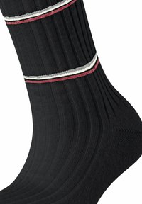 Schwarze Rippensocke mit zwei horizontalen Streifen in Rot und Weiß. Verfügt über eine glatte Textur und eine zulaufende Form an der Spitze.