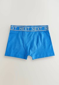 Blå bomullsboxershorts med en slät yta och en kontrasterande midja i marinblått och guld med "NEXT"-logotyp. Har en formad front.