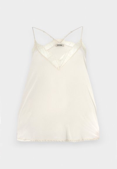 Light cream camisole with adjustable spaghetti straps, V-neck design, and lace accents at the neckline and hem for added detail.