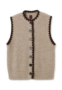 Beige gestrickte ärmellose Weste mit gerippter Textur, brauner Eckbesatz, und fünf schwarzen Knöpfen auf der Vorderseite.