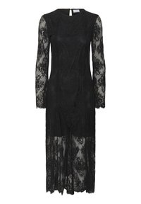 Juoda nėrinių suknelė su ilgomis permatomomis rankovėmis, gėlių raštu, iki kelių ilgio ir vertikaliu įkirpimu priekyje. Stačiakampio formos užsegimas nugaroje.