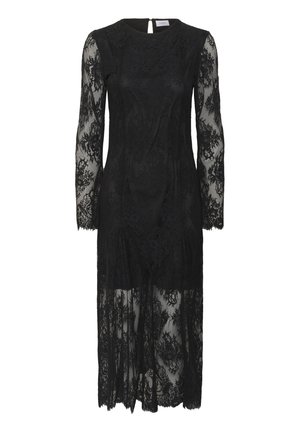 Robe en dentelle noire avec de longues manches transparentes, motif floral, ourlet au genou et fente verticale à l'avant. Fermeture en forme de trou de serrure à l'arrière.