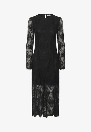Zwarte kanten jurk met lange doorschijnende mouwen, een bloemmotief, een knie-lange zoom en een verticale uitsnijding aan de voorkant. Sleutelhangovertrek aan de achterkant.