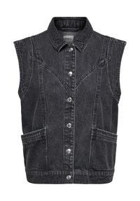 Μαύρο τζιν γιλέκο χωρίς μανίκια με γιακά, μπροστινούς κουμπιά, δύο πλαϊνές τσέπες και ορατές ραφές.