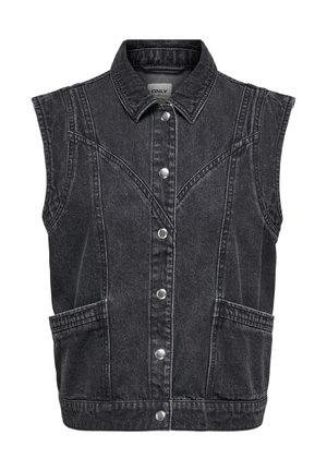 Mustast denimist ilma varrukatega vest, millel on kaelusekujuline krae, ees nupuotsad, kaks küljetaskut ja nähtavad õmblused.