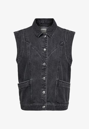 Černá džínová vesta bez rukávů s límečkem, předními knoflíky, dvěma bočními kapsami a viditelným švem.