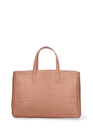 Lichtbruine shopper met krokodillenleertextuur en twee handvatten, rechthoekige vorm, rechtopstaand op een witte achtergrond.