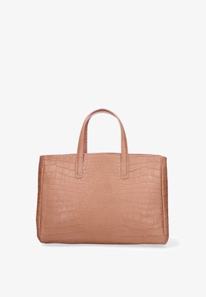 Lichtbruine shopper met krokodillenleertextuur en twee handvatten, rechthoekige vorm, rechtopstaand op een witte achtergrond.