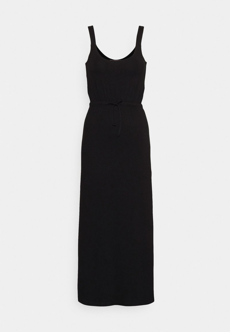 Vestido negro sin mangas tipo maxi con escote redondeado, cintura ajustada y cinturón de lazo. Fabricado en tela suave, con textura lisa y diseño simple.